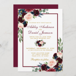 Watercolor Burgundy Blue Floral Wedding B Einladung