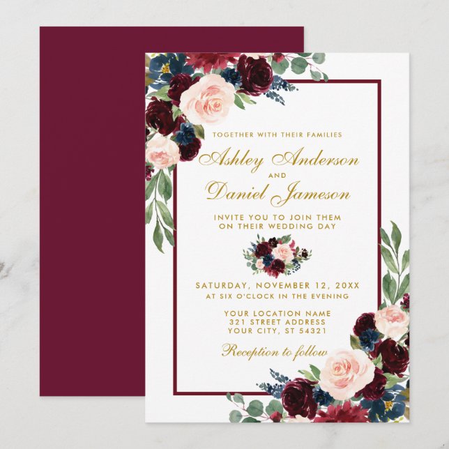Watercolor Burgundy Blue Floral Wedding Einladung (Vorne/Hinten)