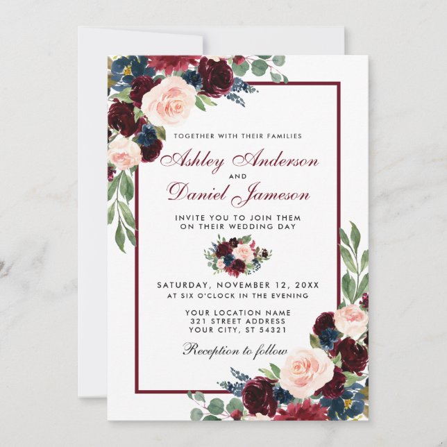 Watercolor Burgundy Blue Floral Wedding Einladung (Vorderseite)