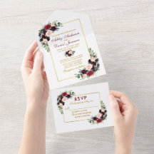 Watercolor Burgundy Blue Floral Wedding Gold