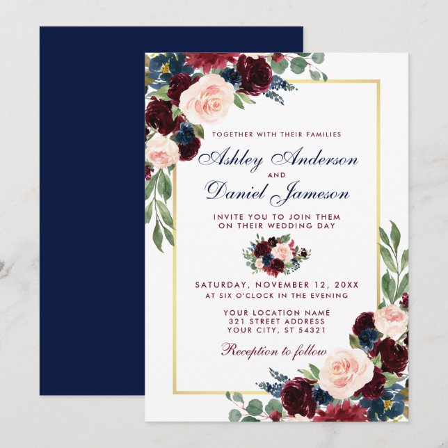 Watercolor Burgundy Blue Floral Wedding Gold Einladung (Vorne/Hinten)
