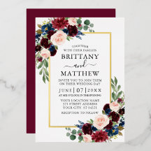 Watercolor Burgundy Blue Floral Wedding Gold