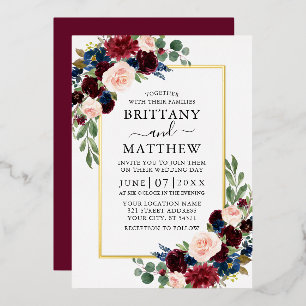 Watercolor Burgundy Blue Floral Wedding Gold Folieneinladung