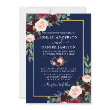 Watercolor Burgundy Blue Floral Wedding Gold Frame