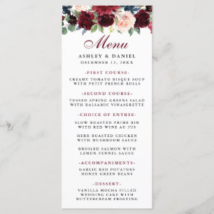 Watercolor Burgundy Blue Floral Wedding Menu Menükarte
