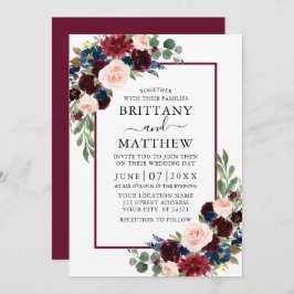 Watercolor Burgundy Blue Mixed Floral Wedding Einladung