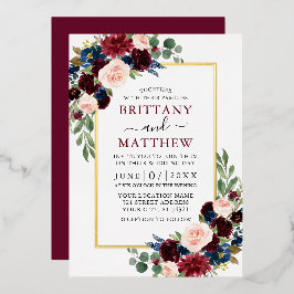 Watercolor Burgundy Blue Pink Floral Wedding Gold Folieneinladung