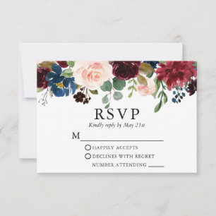 Watercolor Burgundy Blue Pink Floral Wedding RSVP Karte