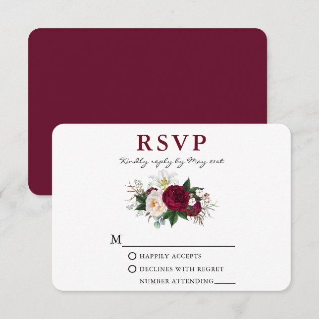 Watercolor Burgundy Blumengrün Rd RSVP Karte (Vorne/Hinten)