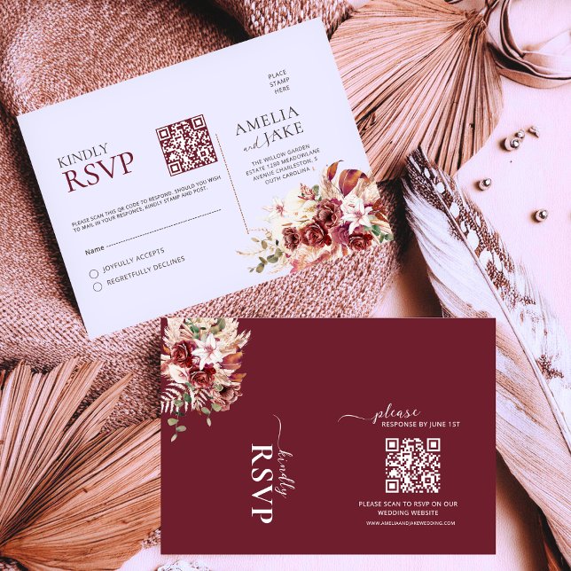 Watercolor Burgundy Blush Gold QR Wedding RSVP Karte (Von Creator hochgeladen)