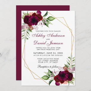 Watercolor Burgundy Boho Floral Gold Frame Wedding Einladung