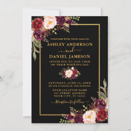 Watercolor Burgundy Floral Black Gold Wedding Einladung