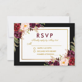 Watercolor Burgundy Floral Black Gold Wedding RSVP Karte