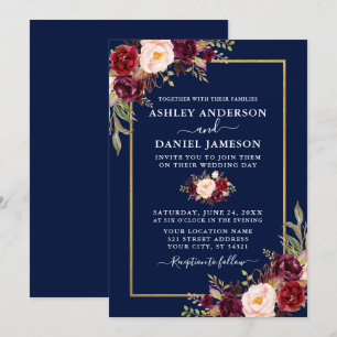 Watercolor Burgundy Floral Blue Gold Wedding Einladung