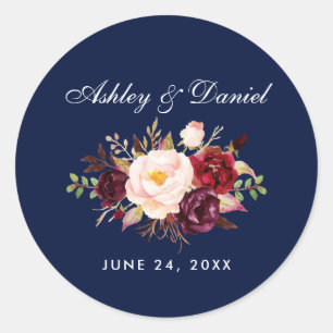 Watercolor Burgundy Floral Blue Wedding Runder Aufkleber