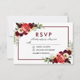 Watercolor Burgundy Floral Boho Wedding RSVP Karte