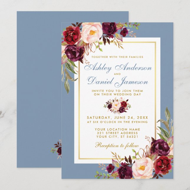 Watercolor Burgundy Floral Dusty Blue Wedding Einladung (Vorne/Hinten)