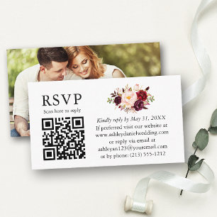 Watercolor Burgundy Floral Foto Wedding QR UAWG Begleitkarte