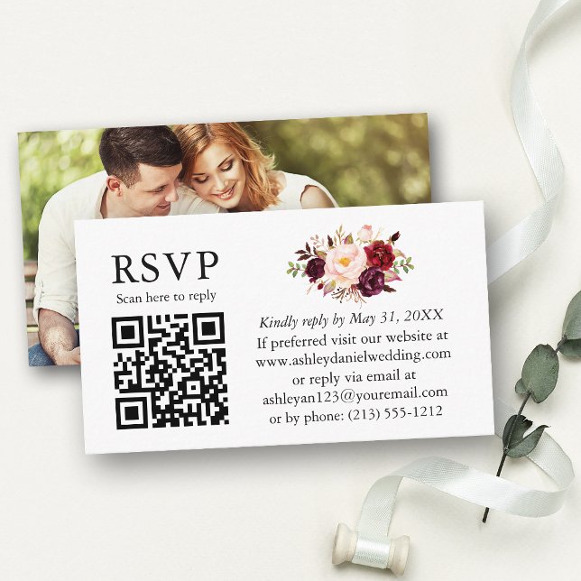 Watercolor Burgundy Floral Foto Wedding QR UAWG Begleitkarte (Customize to change text size or text style.)