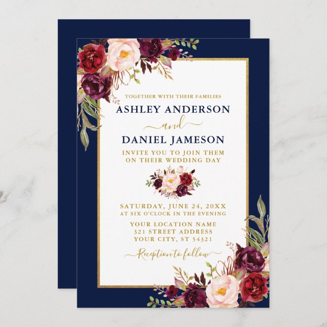 Watercolor Burgundy Floral Gold Blue Wedding Einladung (Vorne/Hinten)