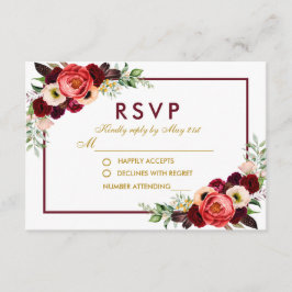Watercolor Burgundy Floral Gold Boho Wedding RSVP Karte