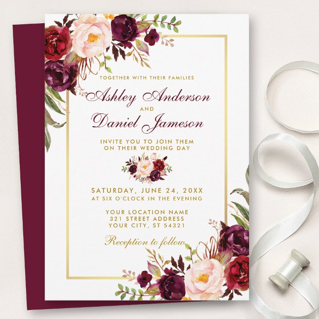 Watercolor Burgundy Floral Gold Wedding Invitation Einladung (Customize to change text color, style, add text & photos to back or change color of back of card.)