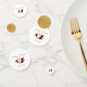 Watercolor Burgundy Floral Gold Wedding Konfetti
