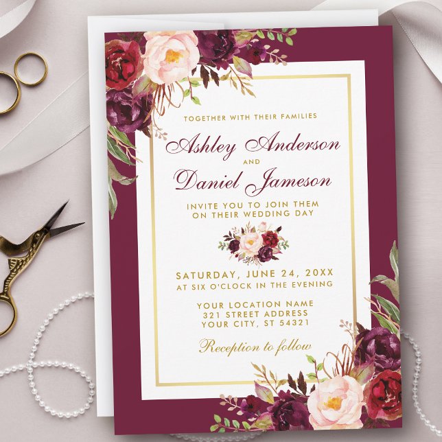 Watercolor Burgundy Floral Gold Wedite Einladung (Customize to change text size, text style or color.)