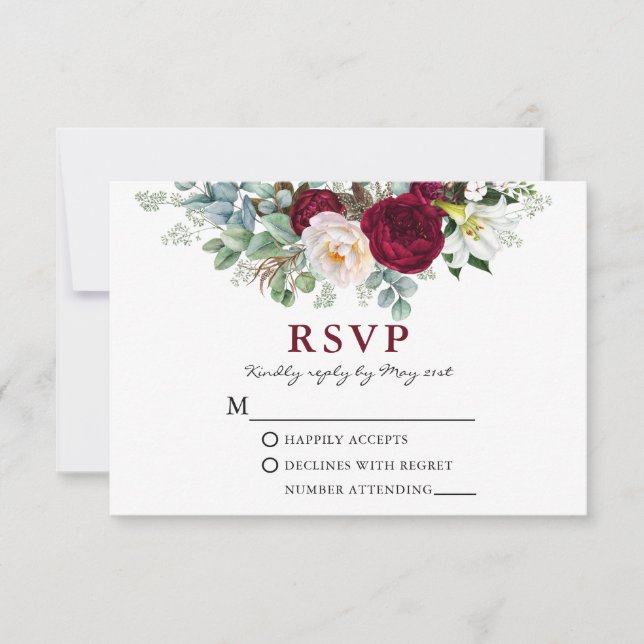 Watercolor Burgundy Floral Greenery W RSVP Karte (Vorderseite)