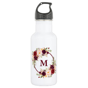 Watercolor Burgundy Floral Monogram Edelstahlflasche