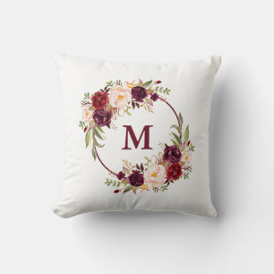 Watercolor Burgundy Floral Monogram Kissen