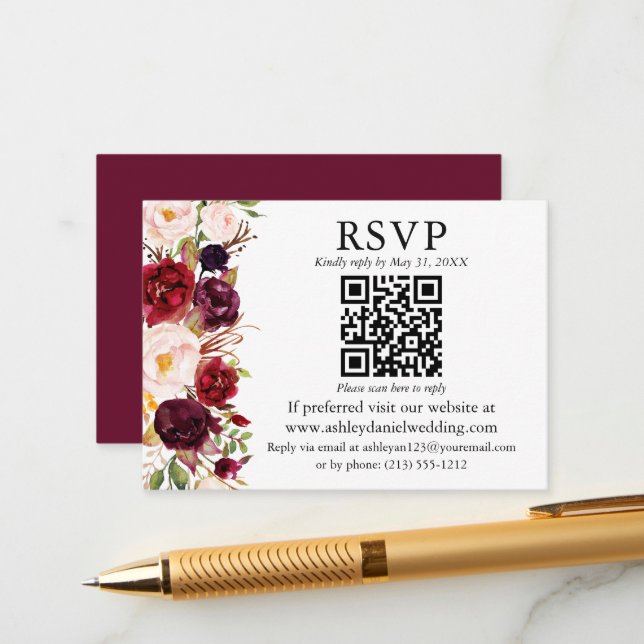 Watercolor Burgundy Floral QR UAWG Wedding Begleitkarte (Vorderseite/Rückseite Beispiel)