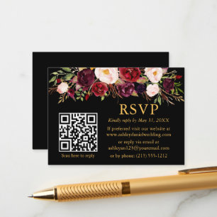 Watercolor Burgundy Floral QR Wedding RSVP Black Begleitkarte