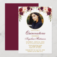 Watercolor Burgundy Floral Round Frame Quinceanera