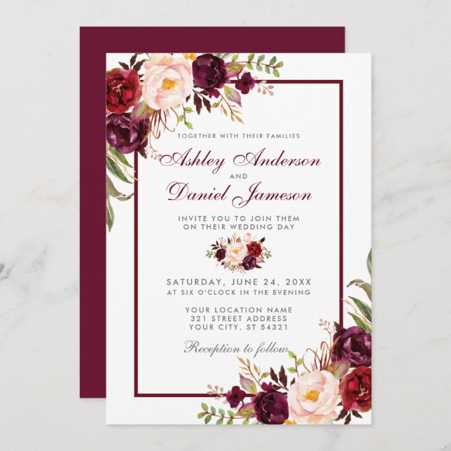 Watercolor Burgundy Floral Silver Wedding Einladung (Vorne/Hinten)