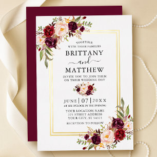 Watercolor Burgundy Floral Wedding 2 Frame Gold Folieneinladung