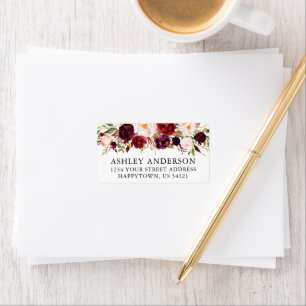 Watercolor Burgundy Floral Wedding Address Adressaufkleber
