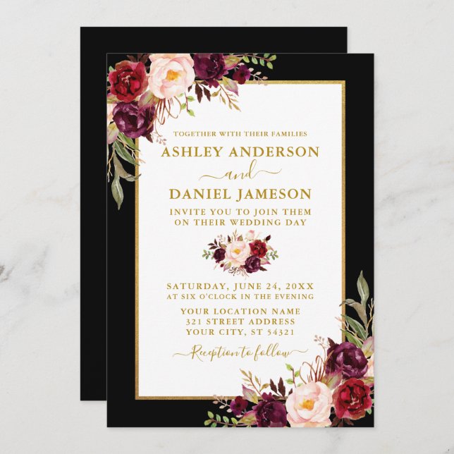 Watercolor Burgundy Floral Wedding Black Gold Einladung (Vorne/Hinten)