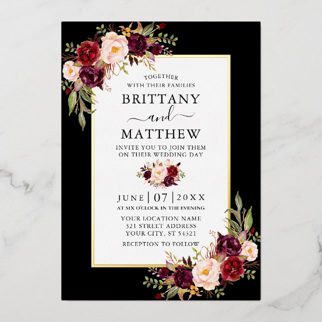 Watercolor Burgundy Floral Wedding Black Gold Folieneinladung (Vorderseite)