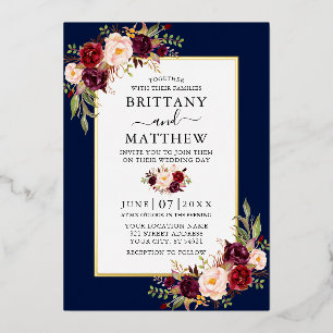 Watercolor Burgundy Floral Wedding Blue Gold Folieneinladung