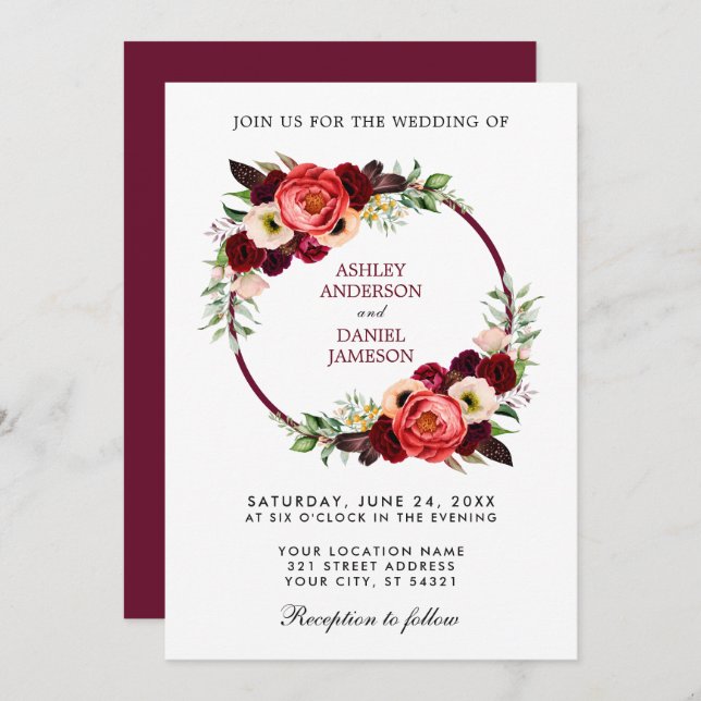 Watercolor Burgundy Floral Wreath Boho Wedding Einladung (Vorne/Hinten)
