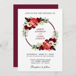 Watercolor Burgundy Floral Wreath Boho Wedding Einladung