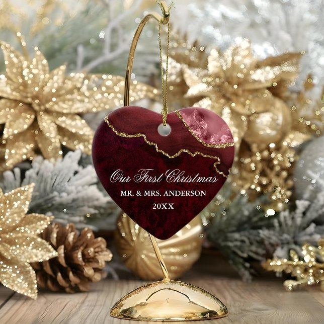 Watercolor Burgundy Marble Geode Wedding Heart Keramik Ornament (Customize to change text size, text style or to add more text to back.)