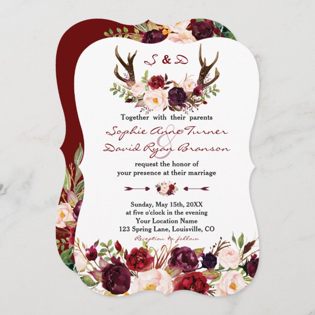 Watercolor Burgundy Marsala Floral Antlers Wedding Einladung (Vorne/Hinten)