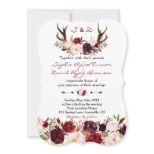 Watercolor Burgundy Marsala Floral Antlers Wedding