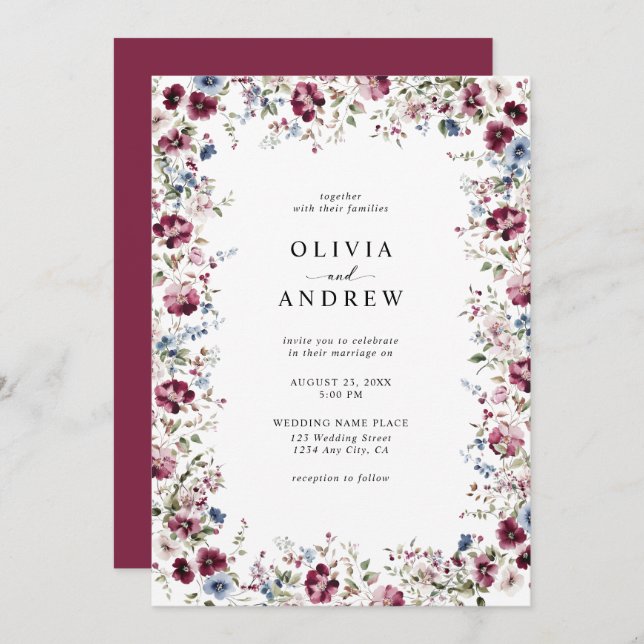 Watercolor Burgundy Navy Blue Floral Wedding Einladung (Vorne/Hinten)