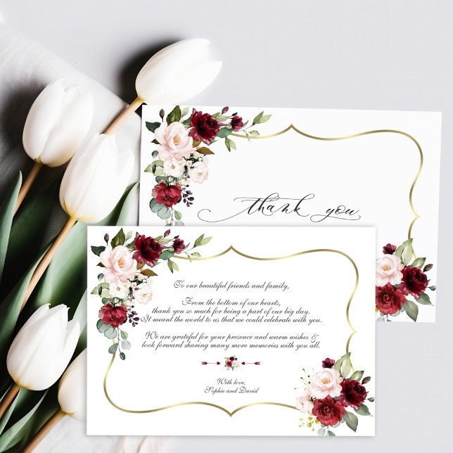 Watercolor Burgundy Pink Blume Gold Wedding Dankeskarte (Von Creator hochgeladen)