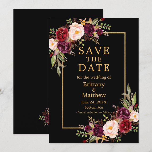 Watercolor Burgundy Rose Schwarzer Goldrahmen Save The Date (Vorne/Hinten)