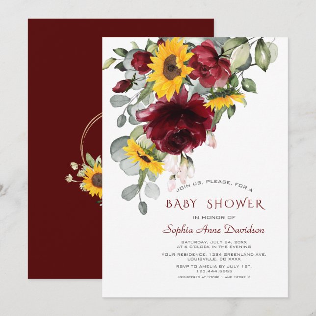 Watercolor Burgundy Sonnenblumen Gold Baby Dusche Einladung (Vorne/Hinten)