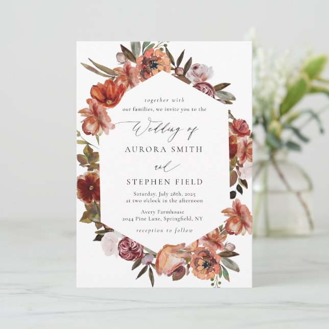 Watercolor Burnt Orange Florals Wedding Einladung (Stehend Vorderseite)